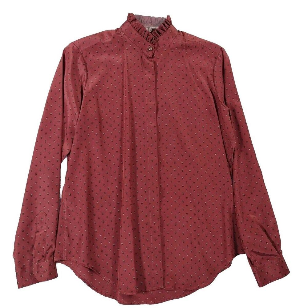 Vintage Prairie Blouse Print Victorian Size 12 Ruffle Collar Long Sleeve - Picture 3 of 10